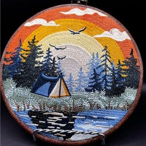 Vintage Camping Colorful Embroidered Nature Scene